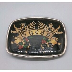 GUESS Belt Buckle Double Eagle Dragon Crest Red Roses Silver Chrome Glass VTG